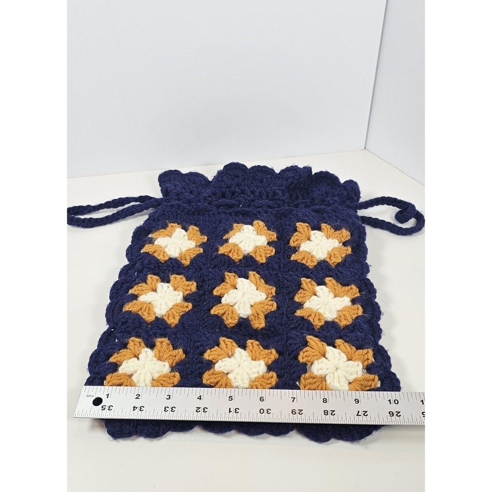 Hand Crocheted Drawstring Bag Granny Square Navy Blue Orange Lined Tote - Picture 4 of 5